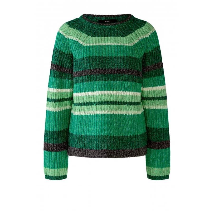 Oui Multiple Green Striped Sweater - 79937 | Knitwear