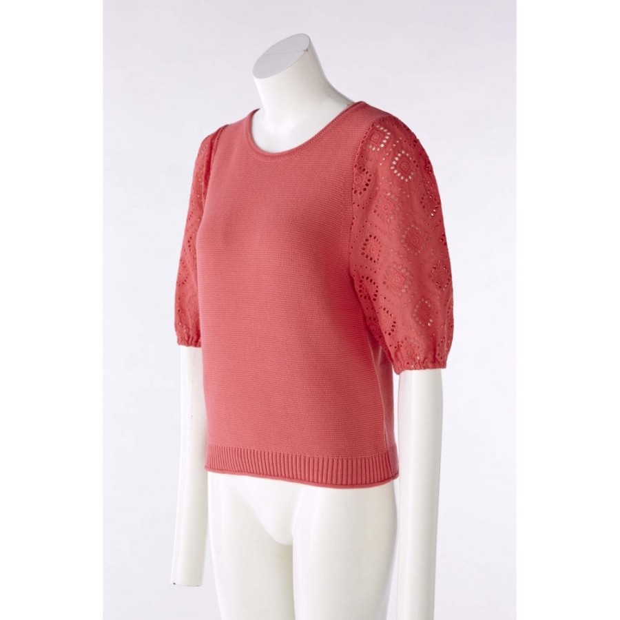 Oui Broidery Anglaise Sleeved Knitted Top - 78654 | Tops/T-Shirts