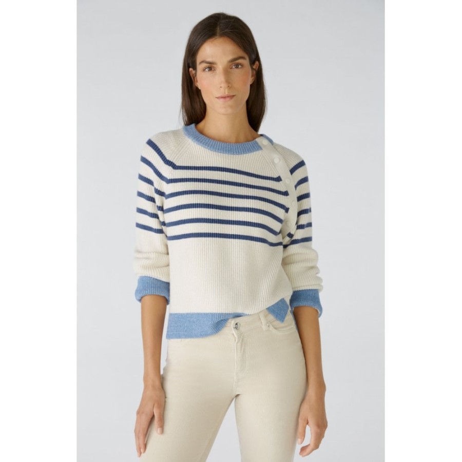 Oui Striped Button Detail Sweater - 86082 | Knitwear